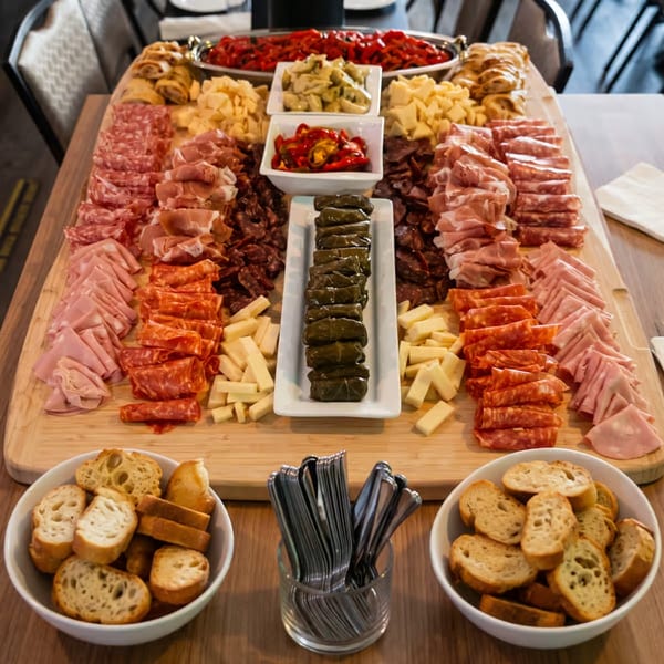 A large charcuterie board filled with various meats, cheeses, stuffed grape leaves, and bread.
