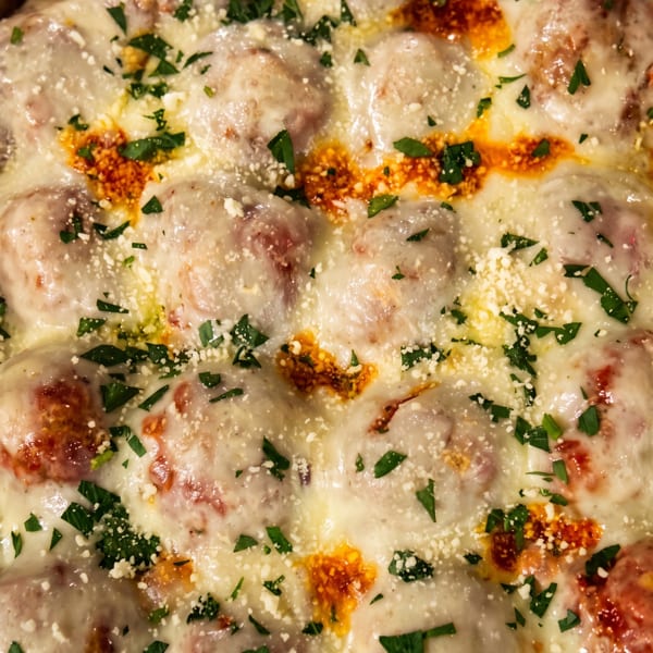 Close-up of baked meatballs covered in melted white cheese, red sauce, and fresh parsley.