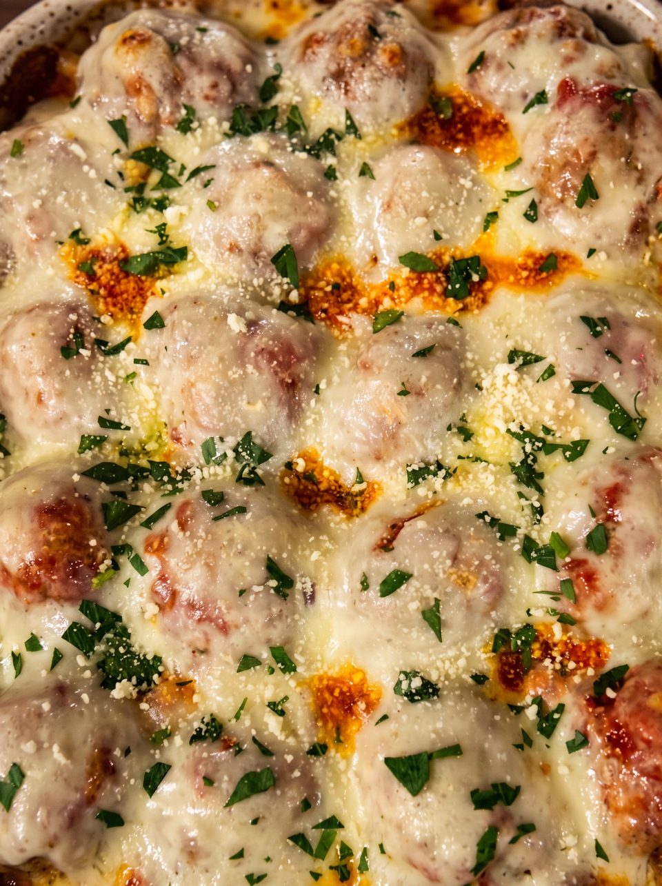 Close-up of baked meatballs covered in melted white cheese, red sauce, and fresh parsley.