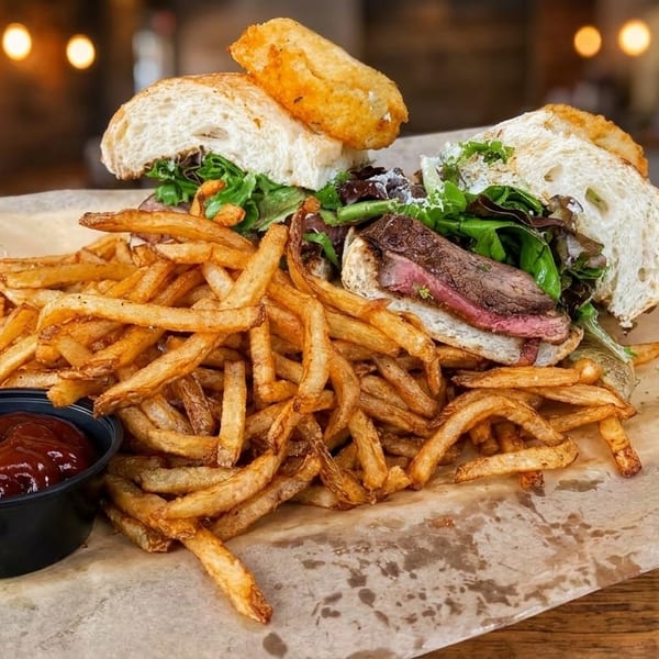 Steak sandwich with greens and a side of fries and ketchup on a wooden table.