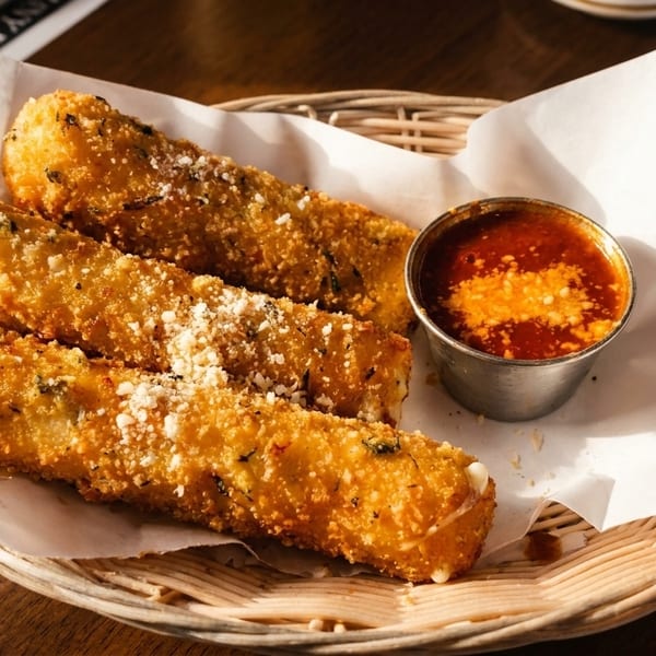 Three golden-brown mozzarella sticks with parmesan cheese and herbs, served with a side of marinara sauce.