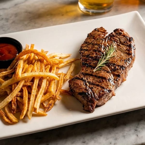 Grilled steak with rosemary, golden french fries, and ketchup on a white rectangular plate.