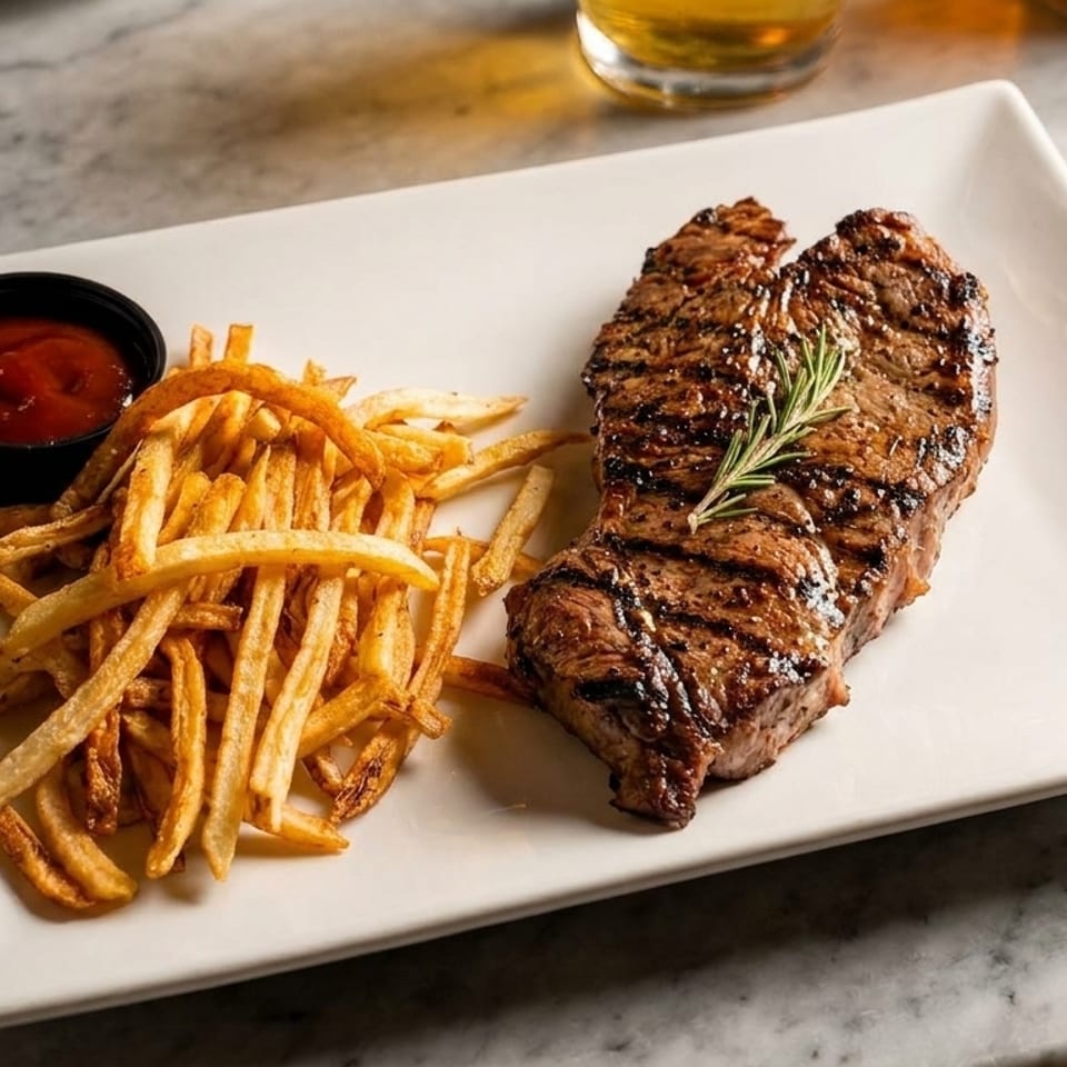 Grilled steak with rosemary, golden french fries, and ketchup on a white rectangular plate.