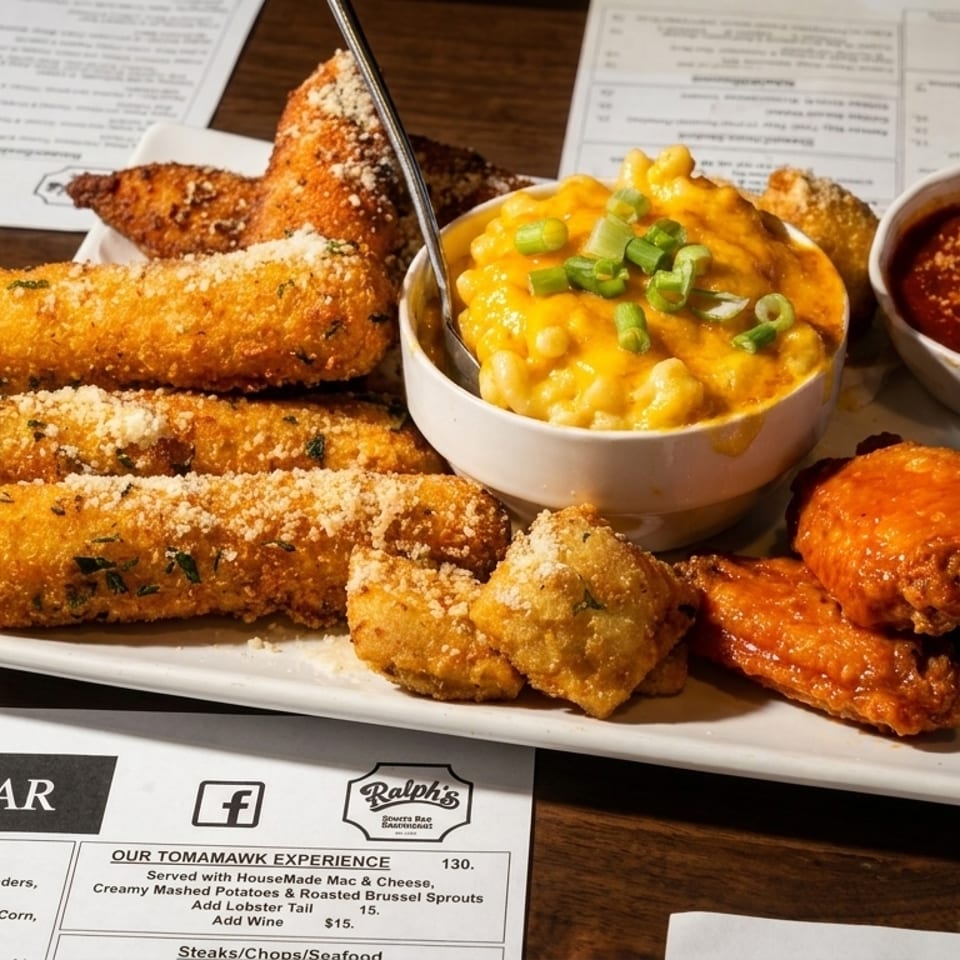 A platter of mozzarella sticks, mac and cheese, chicken wings, and dipping sauces on a wooden table.