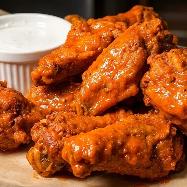 Buffalo wings with ranch dressing, celery, and carrot sticks on a brown paper-lined tray.