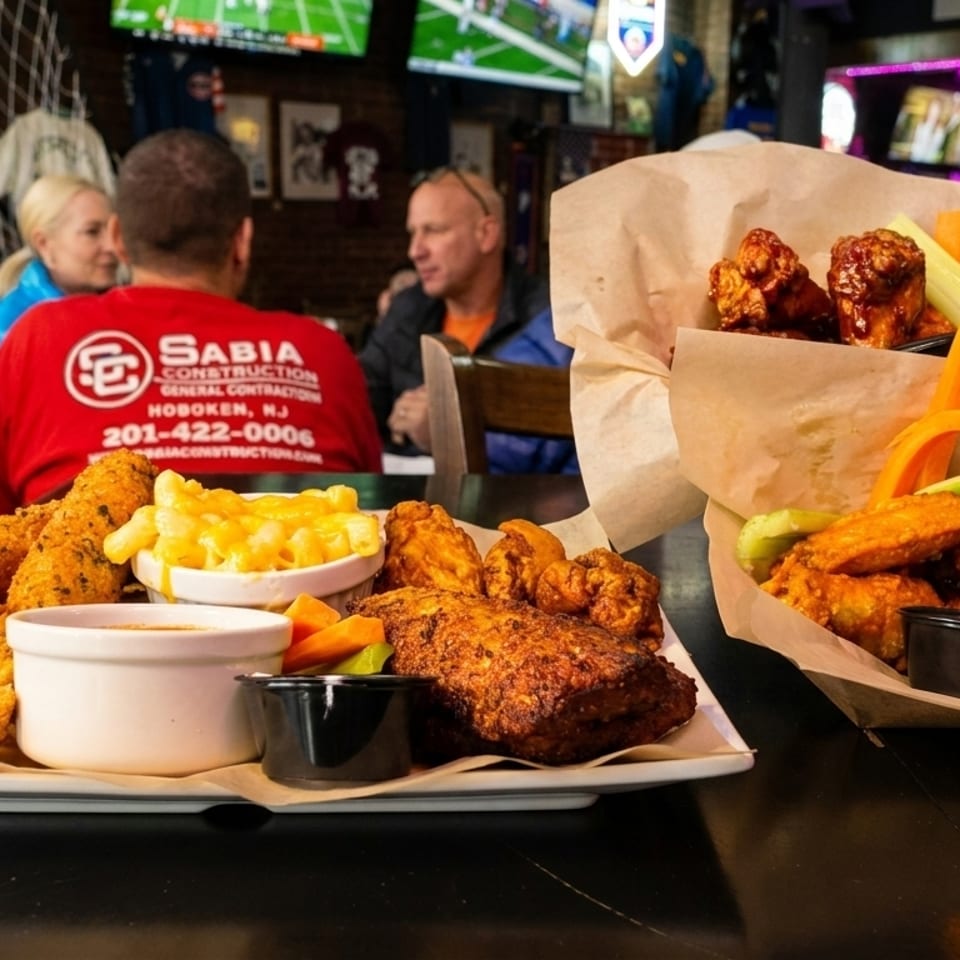 Platters of chicken wings, tenders, and mac and cheese on a table in a busy restaurant.