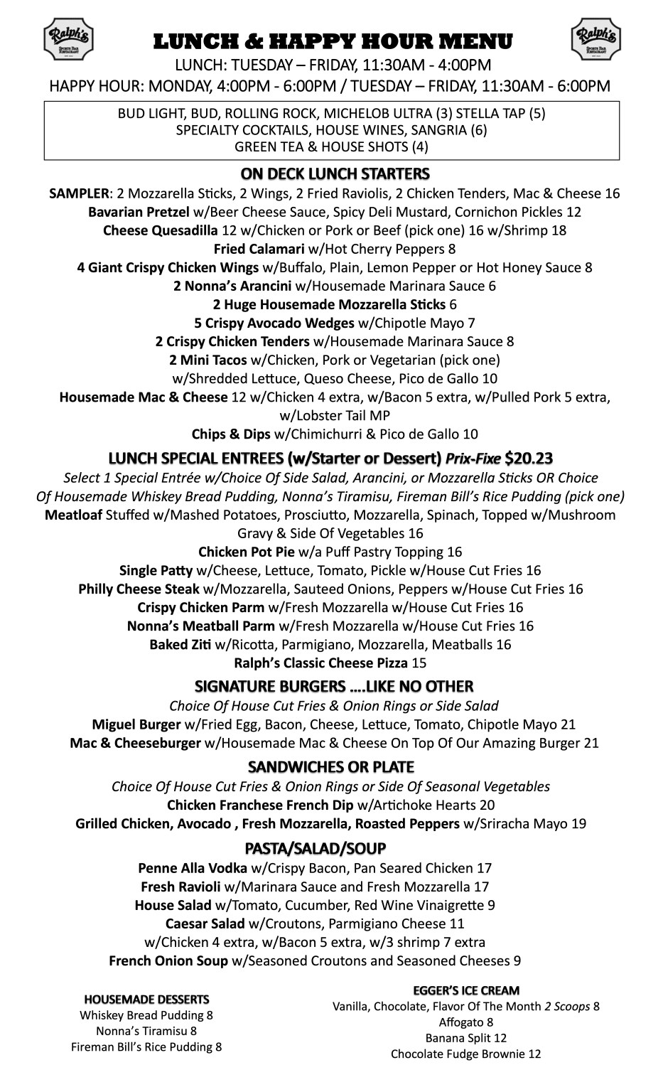 Lunch/Happy Hour Menu Ralph's Sports Bar
